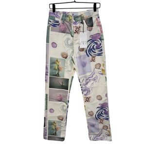 Zara NWT Size 4 Cream Pastel Seashell Art Print Straight Leg Jeans